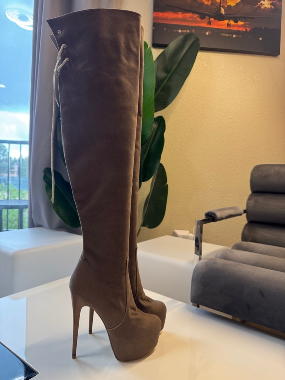 Tajna Women’s Taupe Over-the-Knee Platform Stiletto Boots 6.5” Heel - Picture 2 of 8